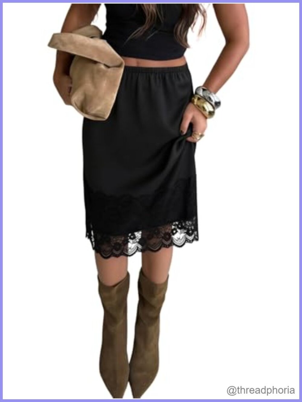 Satin Lace Trim Midi Skirt Flowy A-Line Elegant Going Out Knee Length